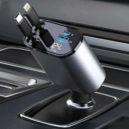 TrendTekk Retractable Car Charger 120W, 4 In 1 Fast Car Phone Charger, Retractable Cables, 2 USB Ports, Compatible With iPhone
