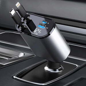 TrendTekk Retractable Car Charger 120W, 4 In 1 Fast Car Phone Charger, Retractable Cables, 2 USB Ports, Compatible With iPhone