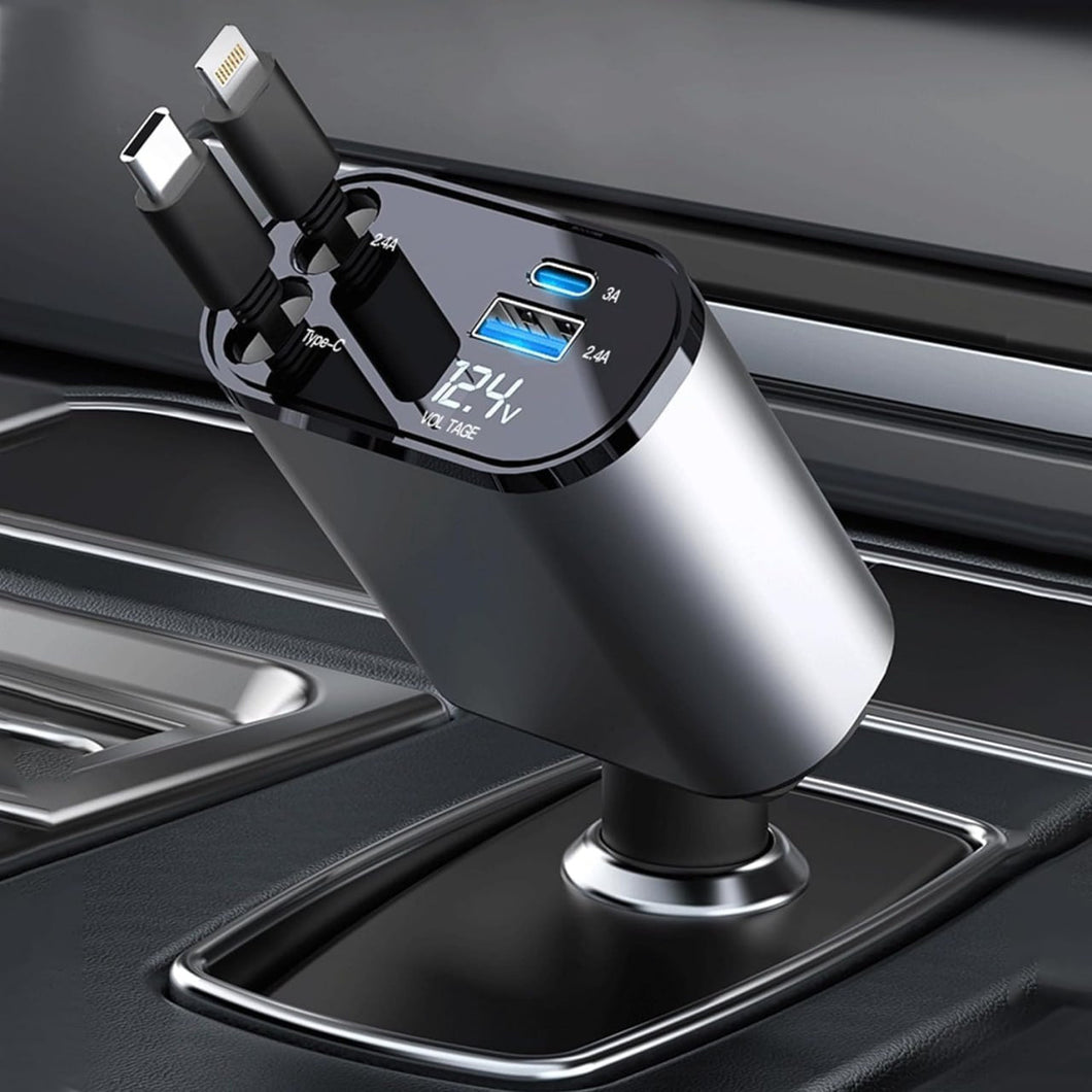 TrendTekk Retractable Car Charger 120W, 4 In 1 Fast Car Phone Charger, Retractable Cables, 2 USB Ports, Compatible With iPhone