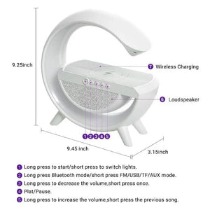 Wireless G Speaker with Wireless Charging, Desk Lamp Bedside Night Light, Smart Light, Sound Machine, and Bedroom Home Decor